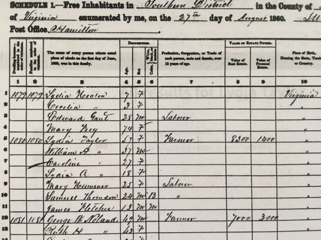 Lydia Taylor 1860 census