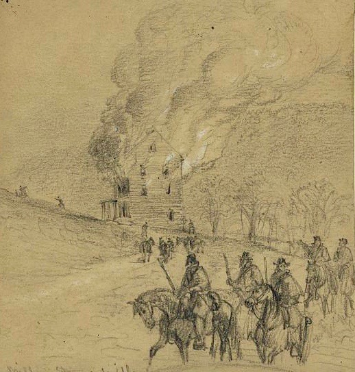 alfred waud civil war sketch of union soldiers burning shenandoah valley