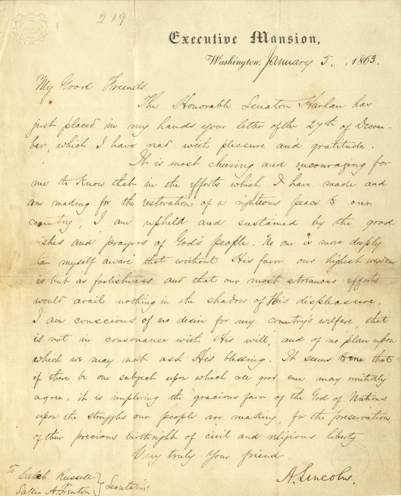 Lincoln letter to Quakers Caleb Russell and Susan Fenton 1863