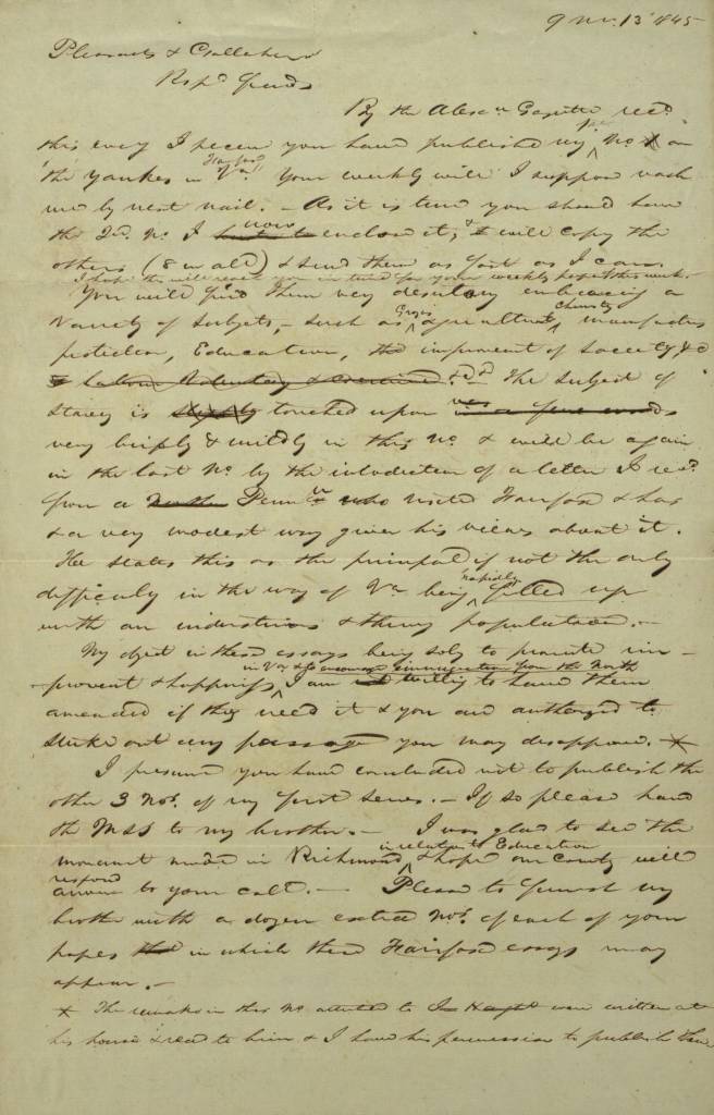 old handwritten letter to richmond whig 1845