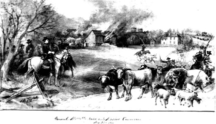 army men burning barns and taking farm animals