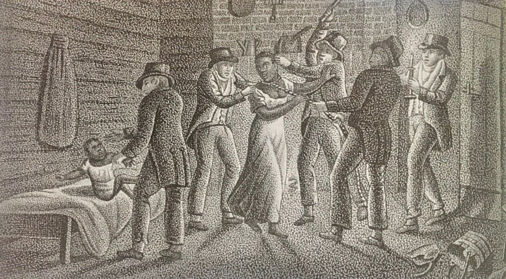 19th century drawing of black woman and child being kidnapped by white men