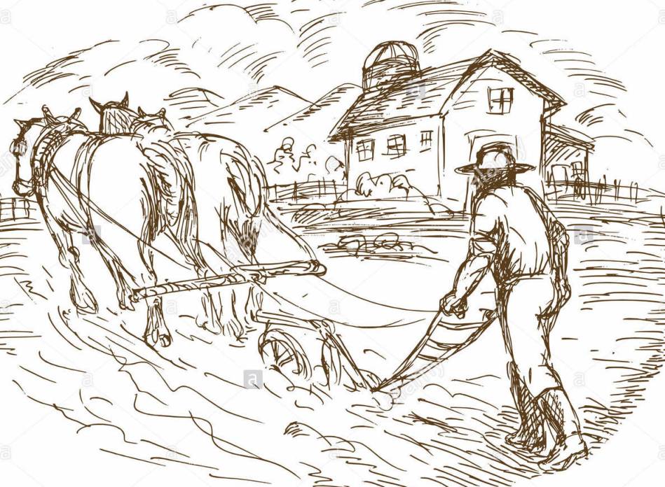 old fashioned farm work with house and silo