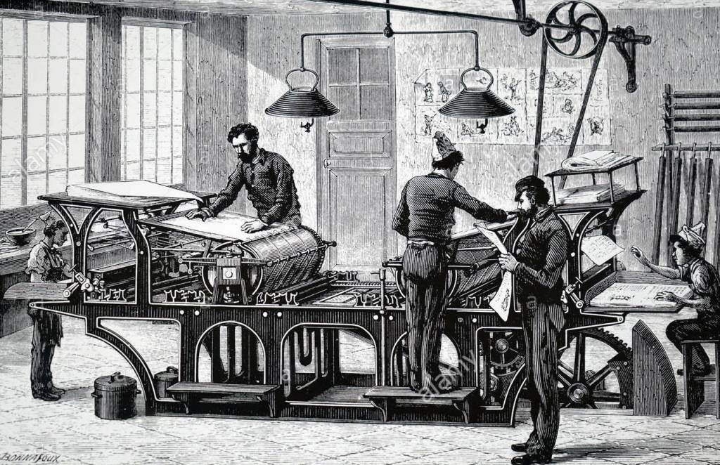 19th century illustration of men working with paper