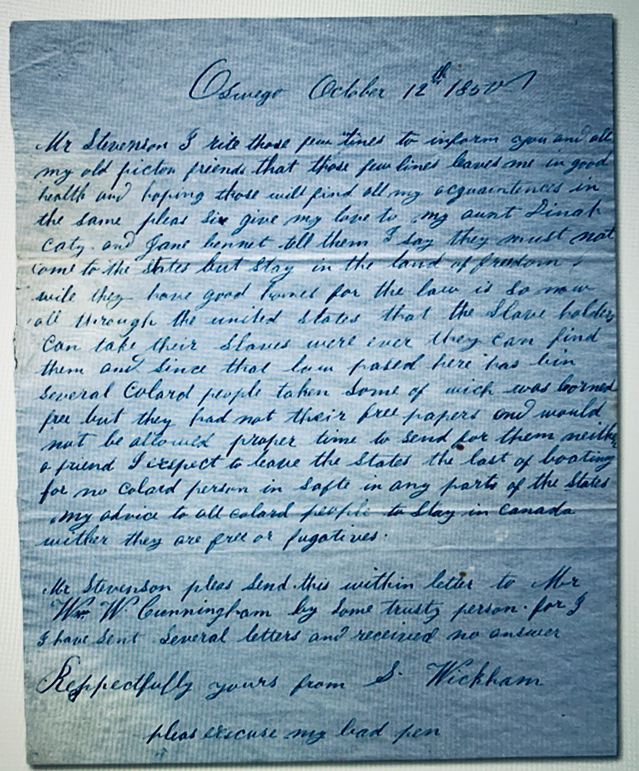 19th century handwritten letter about slave catchers