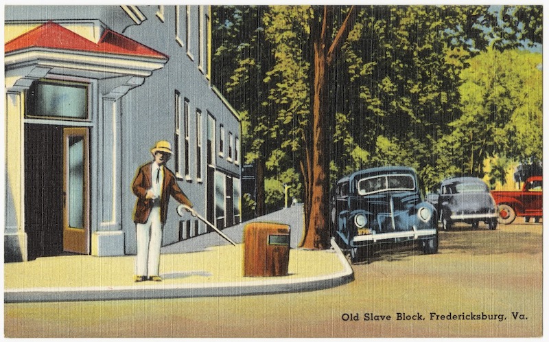 postcard showing slave auction block in Fredericksburg Virginia